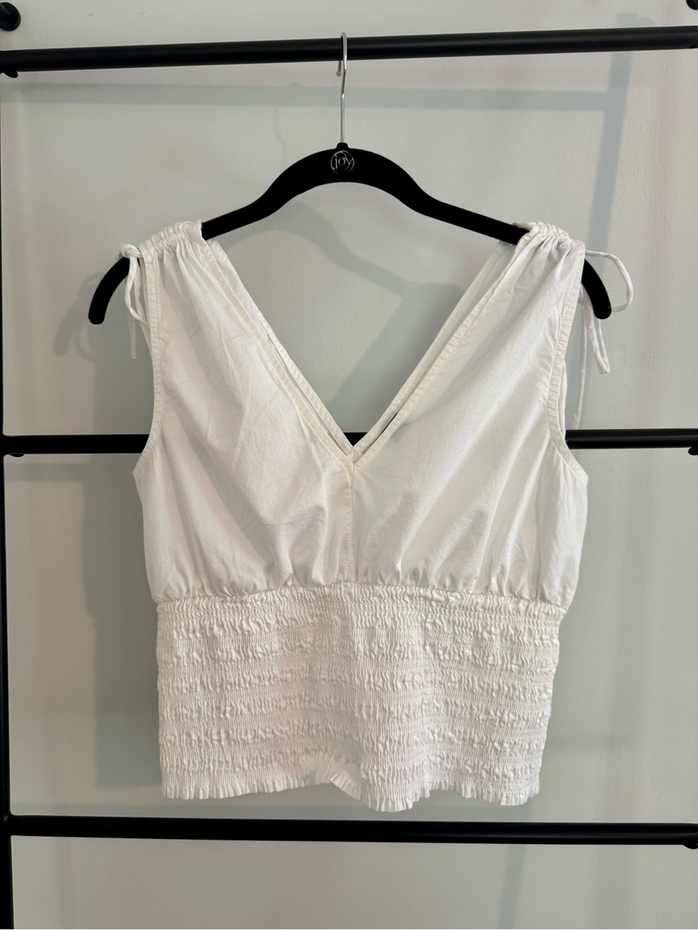 White Smocked Waist V-Neck Cotton Tank, Small